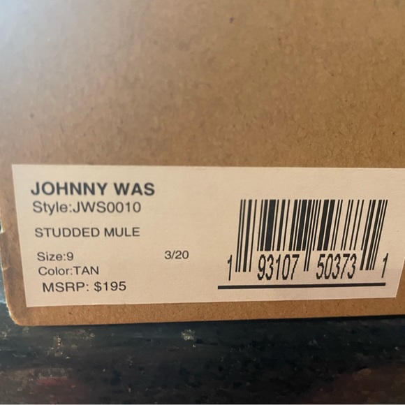 Johnny was tan leather studded mules. - Picture 7 of 9